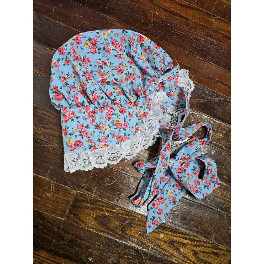 Vintage Blue Floral Lace Trim Baby Bonnet Heirloom Spring